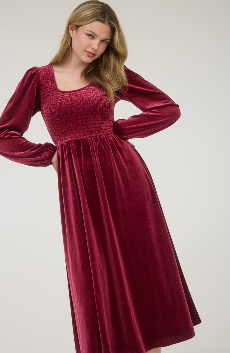 AUGUST SKY Long Sleeve Smocked Velvet Midi Dress, Alternate, color, Burgundy