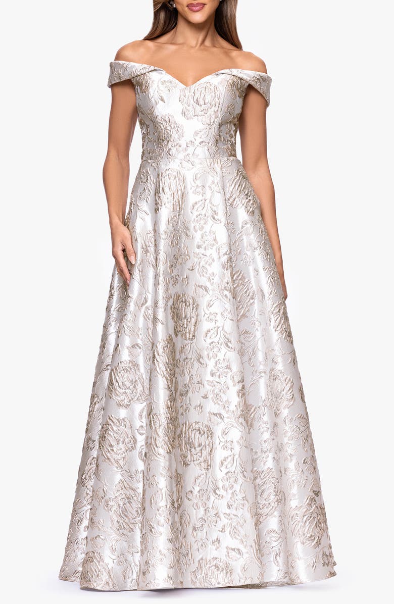Xscape Evenings Floral Brocade Off the Shoulder Ball Gown, Main, color, Taupe/ Silver