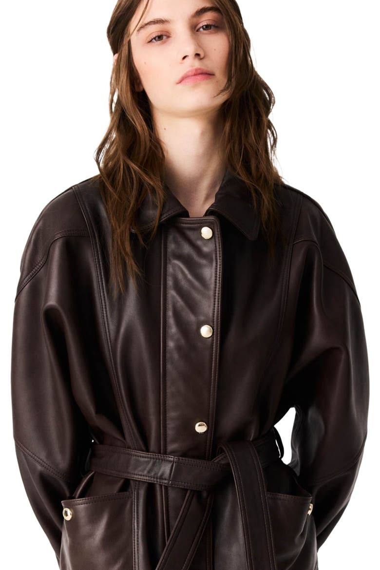 Oversize gold-button leather jacket, Alternate, color, Brown
