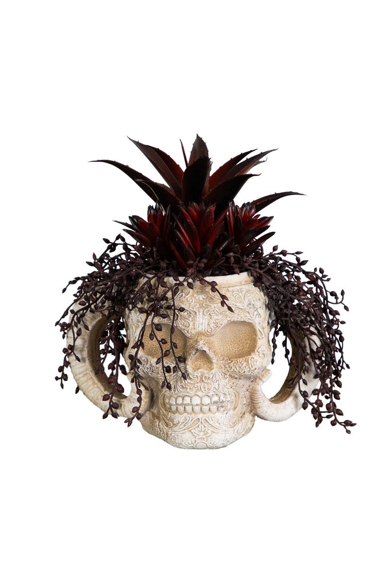 8-in Artificial Halloween Succulent Garden in Horned Skull Planter, Main, color, White/Purple