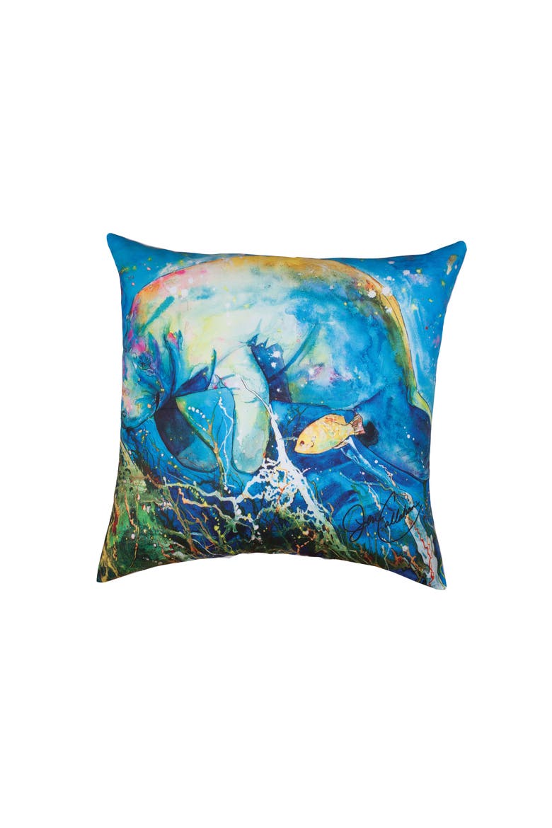 Manatee Barrier Reef Coastal Indoor/Outdoor Throw Pillow, 18" x 18", Main, color, Blue