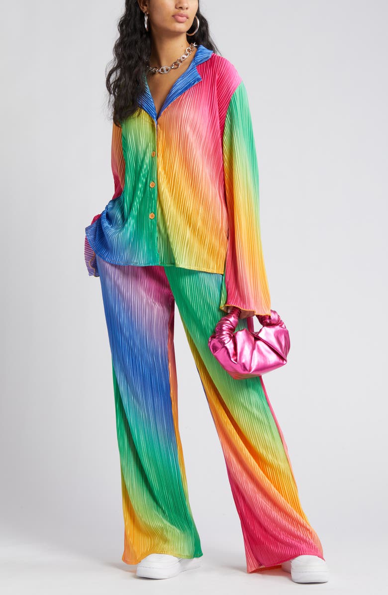 Dressed in Lala Notched Collar Plissé Top & High Waist Pants Set, Main, color, 