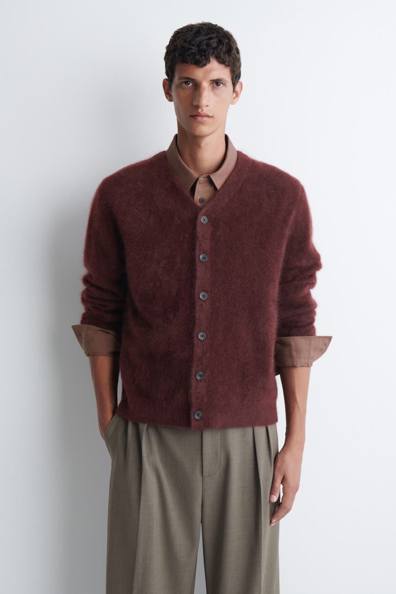 Brushed Pure Cashmere V-neck Cardigan, Main, color, WINE RED