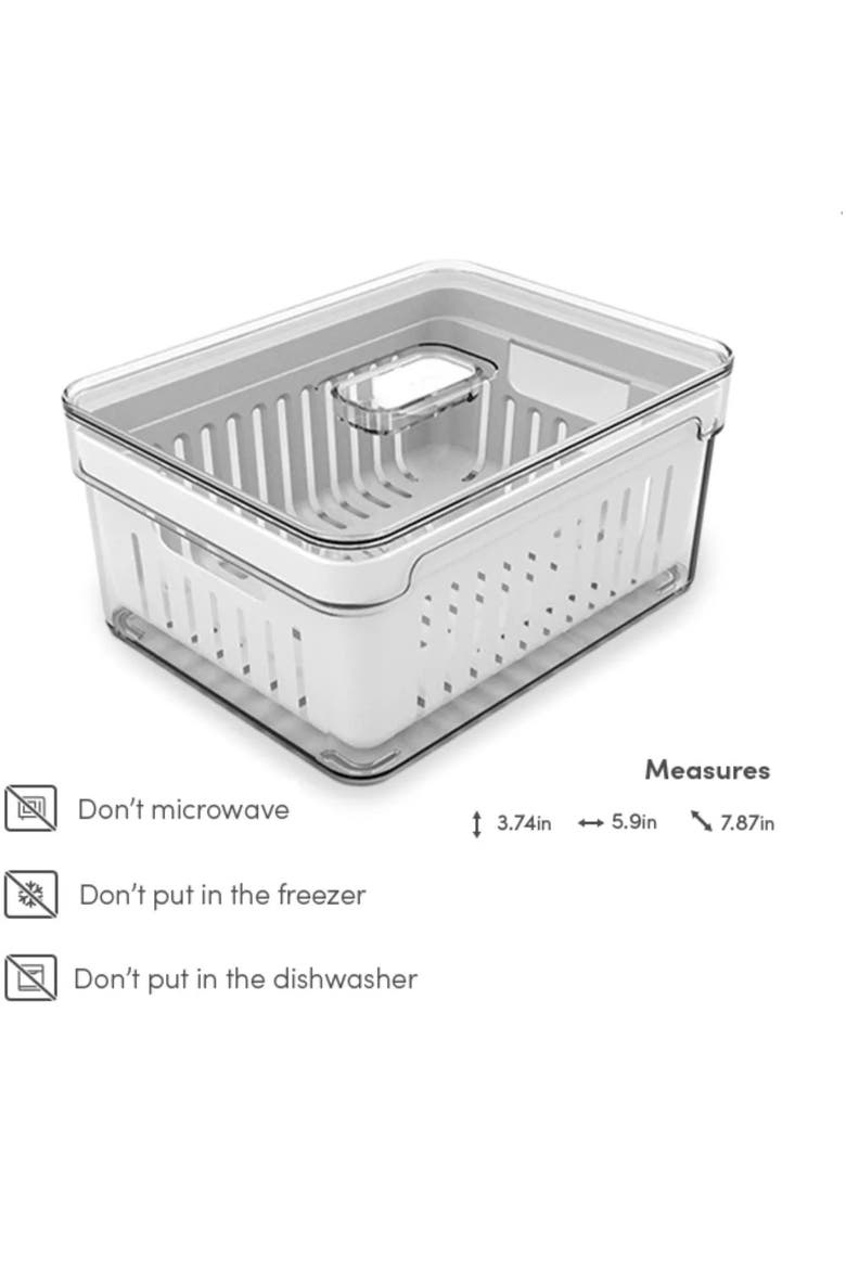 Clear Stackable Fridge Organizer Bin with Drain Basket and Vented Lid, 2.3 Quart Capacity, Alternate, color, Clear with White Drainer