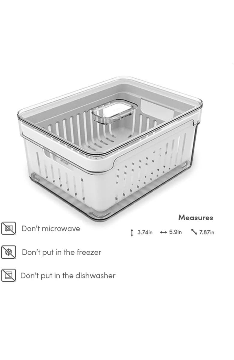 OU Clear Stackable Fridge Organizer Bin with Drain Basket and Vented Lid, 2.3 Quart Capacity, Alternate, color,