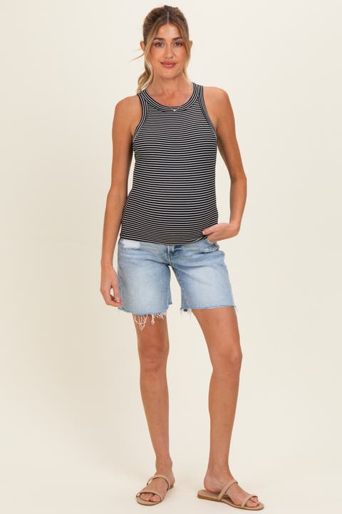 Distressed Frayed Hem Midi Maternity Jean Shorts