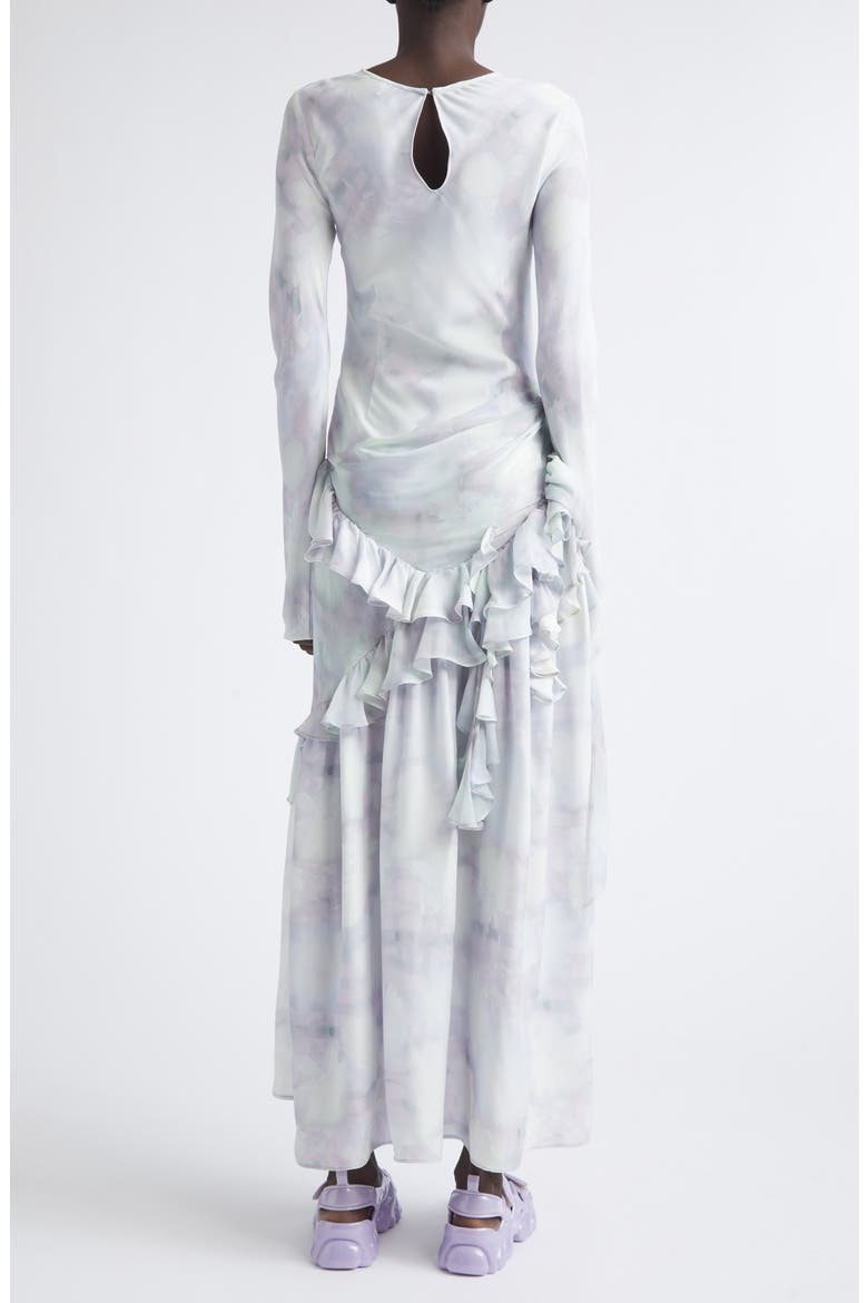 Athena Long Sleeve Ruffle Asymmetric Crepe Dress, Alternate, color, LILAC DAISY DREAM