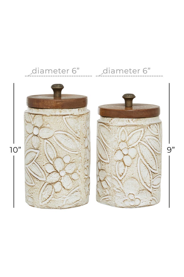White Ceramic Handmade Intricately Carved Decorative Jar with Wood Lid - Set of 2, Alternate, color, WHITE
