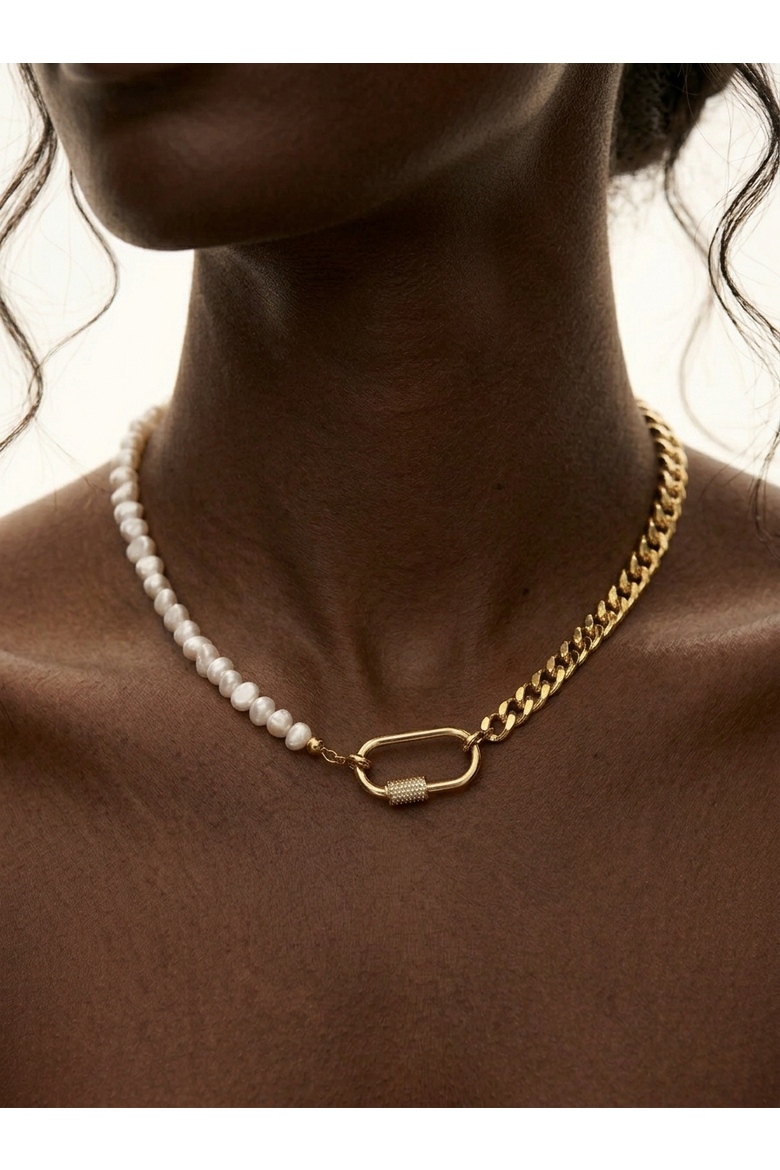 Freshwater Pearl Cuban Chain Carabiner Necklace, Alternate, color, Metallic Gold
