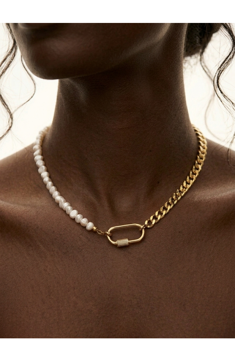 Joey Baby Freshwater Pearl Cuban Chain Carabiner Necklace, Alternate, color, Metallic Gold