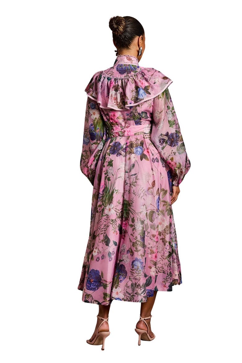 Petite Organza Trim Printed Midi Dress, Alternate, color, Pink
