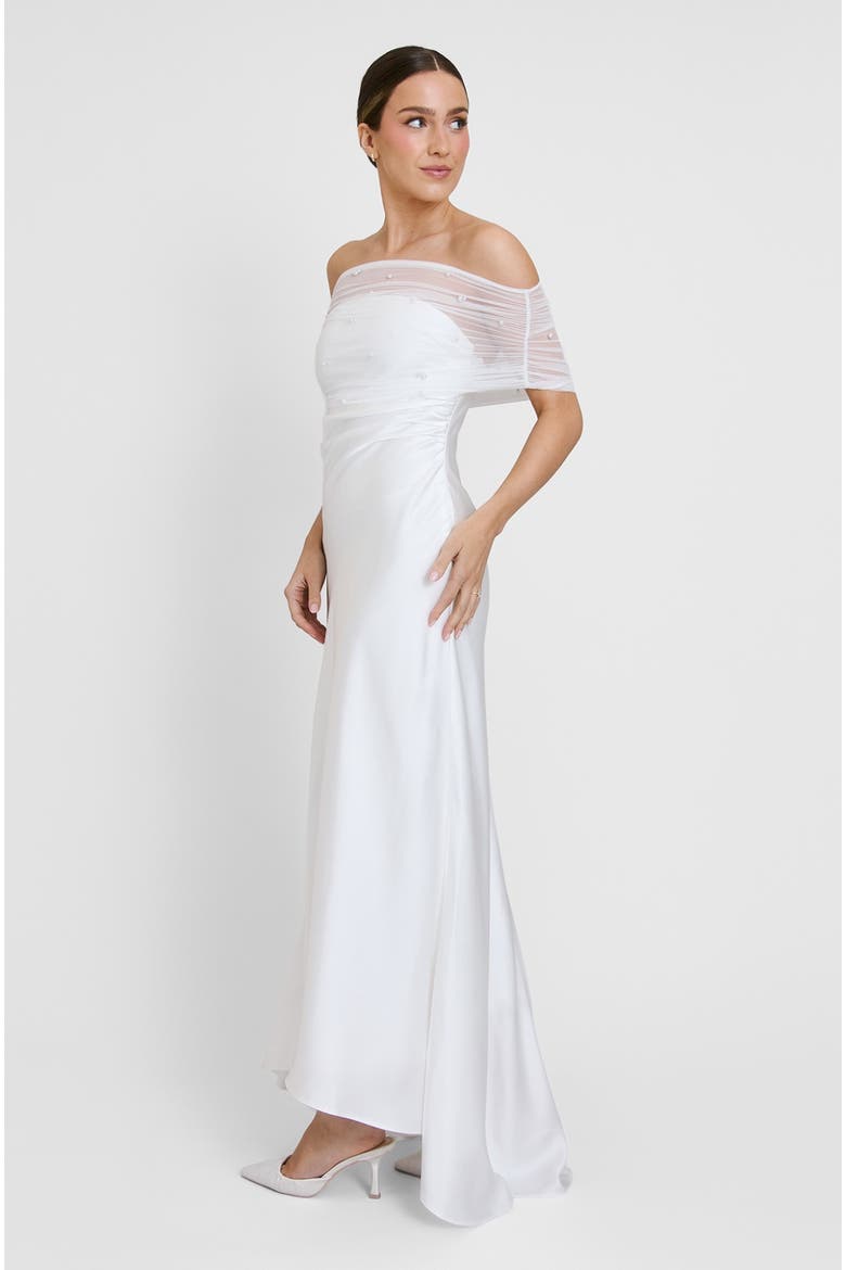 Bardot Detail Beaded Satin Midaxi Dress, Alternate, color, White