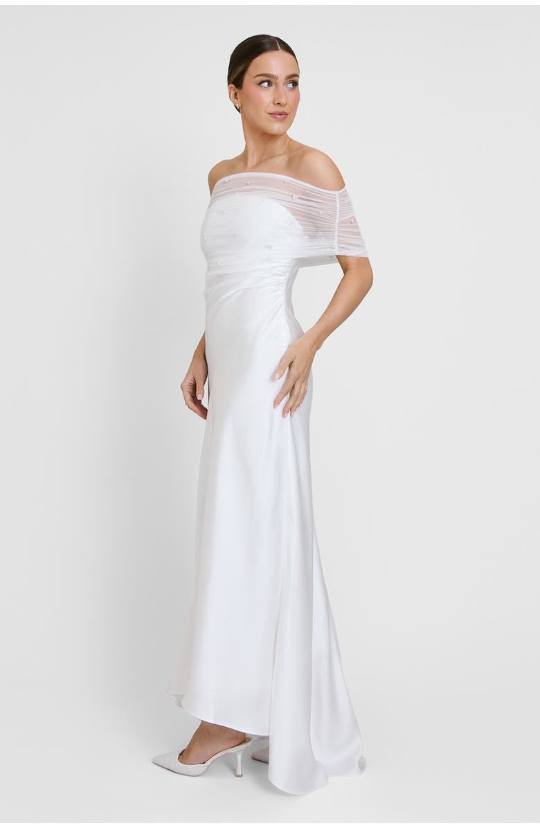 Six Stories Bardot Detail Beaded Satin Midaxi Dress, Alternate, color, White