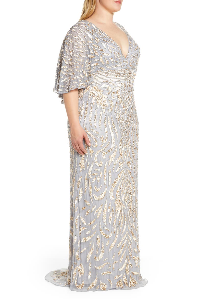 Sequin Cape Sleeve Mesh Evening Gown, Alternate, color, PLATINUM GOLD