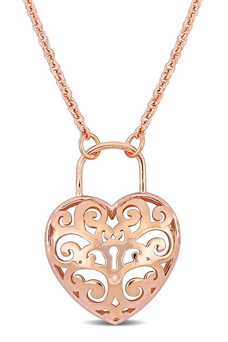 Heart Padlock Filigree Pendant Necklace, Main, color, PINK