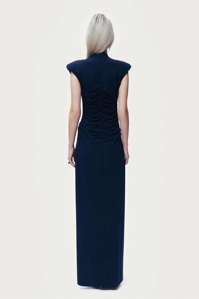Zip-Front Draped Maxi Dress, Alternate, color, Navy