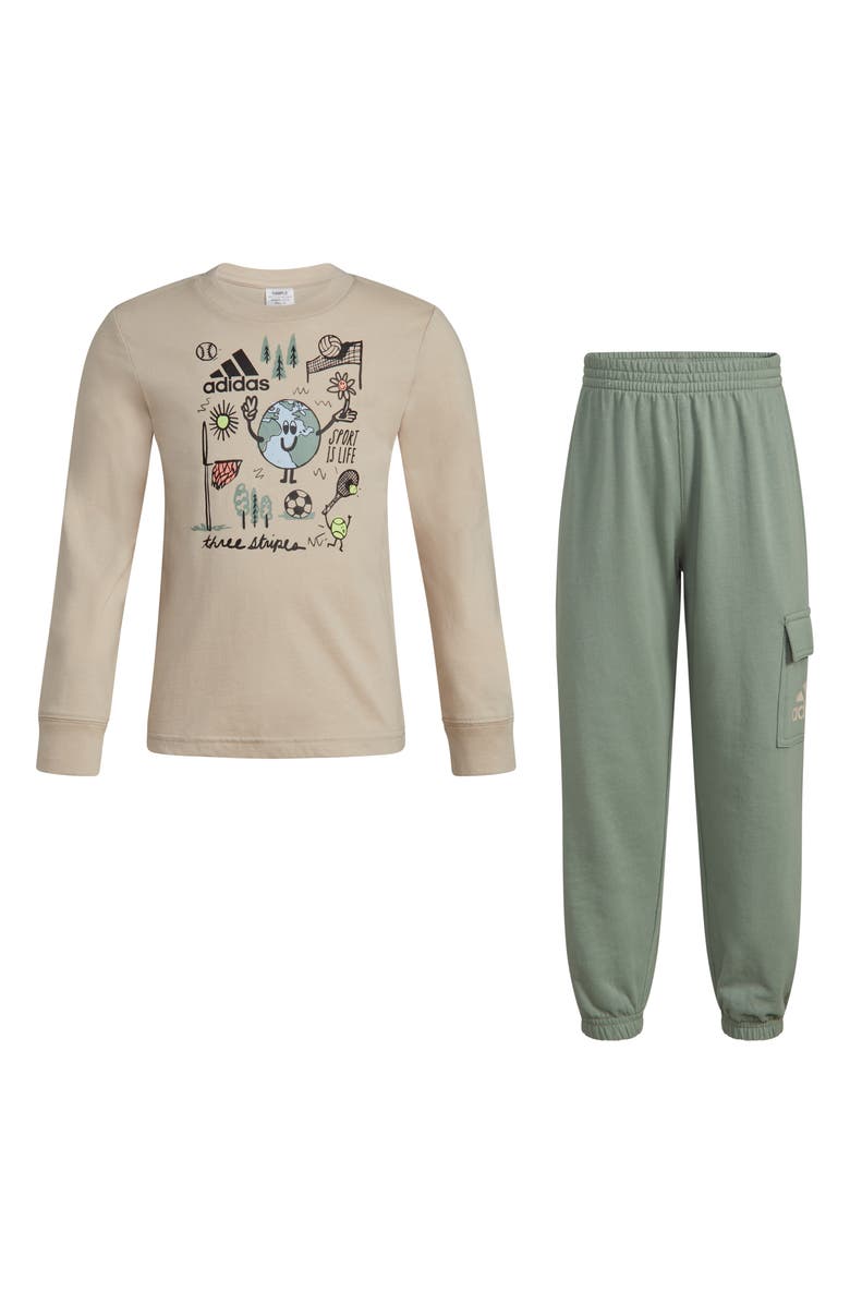 adidas Kids' Long Sleeve Cotton Graphic T-Shirt & Cargo Joggers Set, Main, color, 