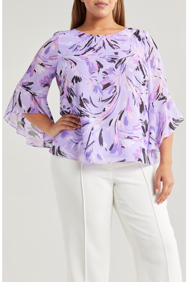 Floral Ruffle Sleeve Chiffon Top, Main, color, LAVENDER MIST MULTI