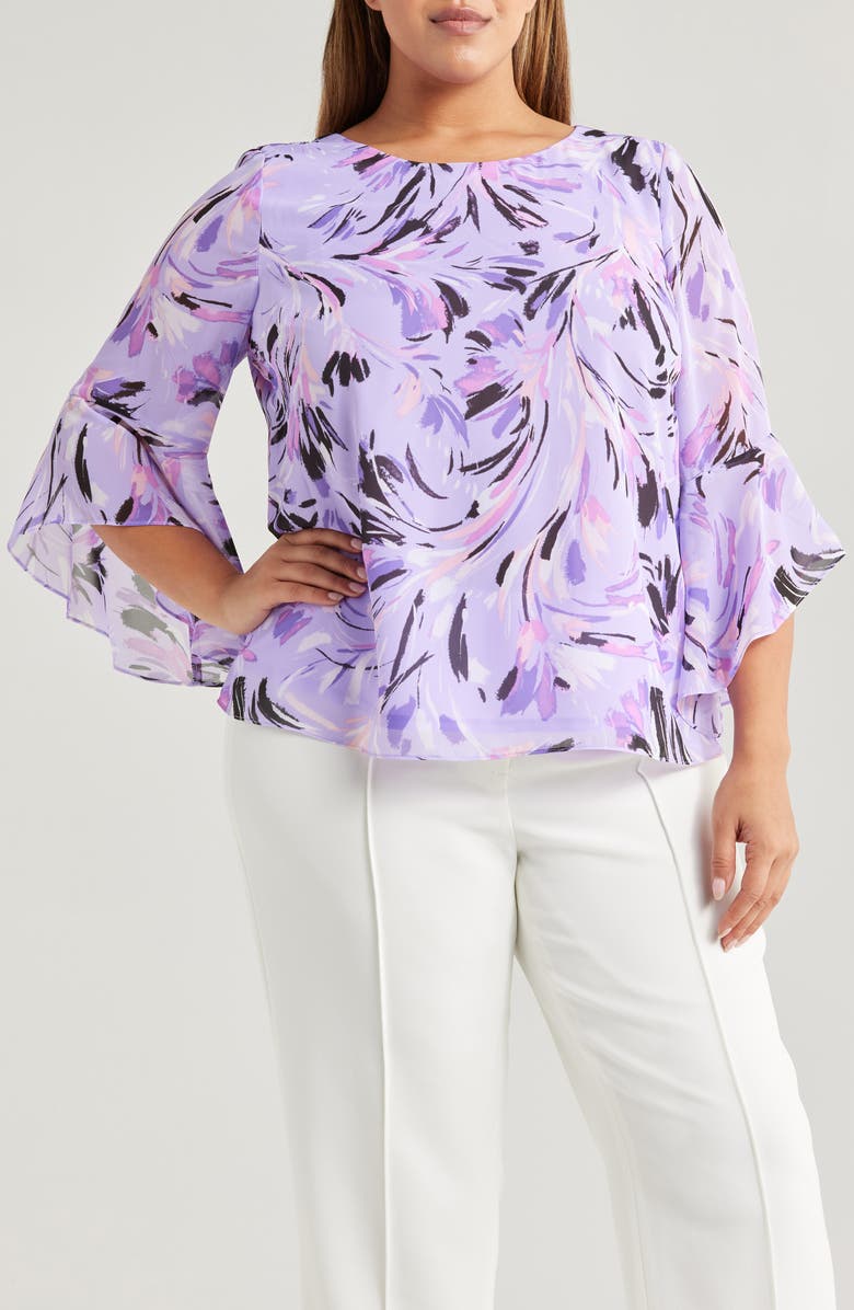 KASPER Floral Ruffle Sleeve Chiffon Top, Main, color,