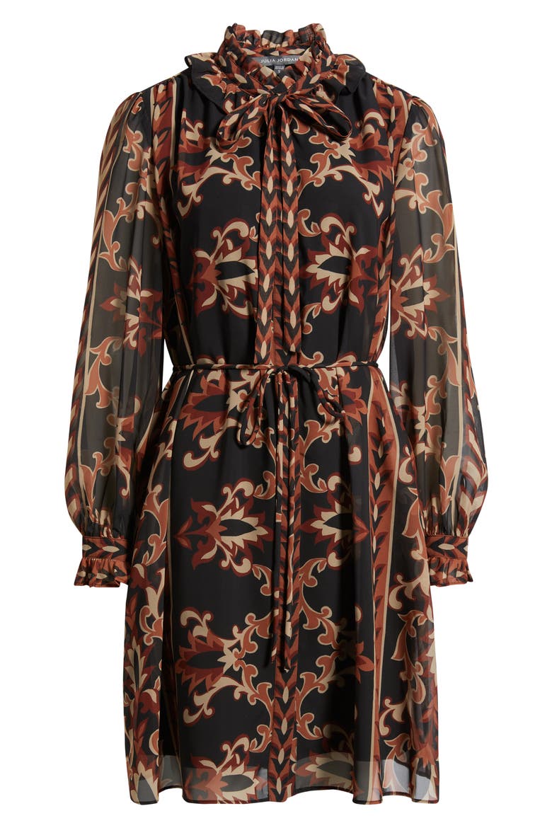 Florentine Print Long Sleeve Tie Neck Shirtdress, Alternate, color, BLACK MULTI