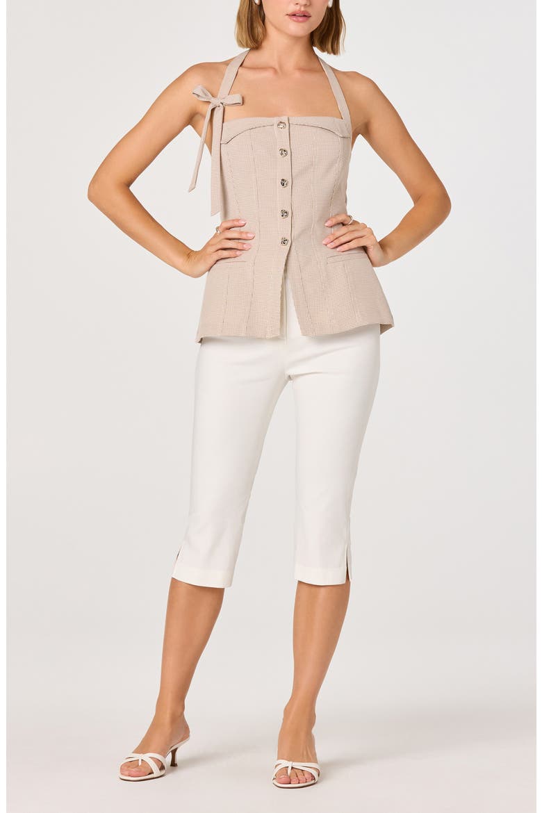 Cithara Gingham Halter Neck Peplum Top, Alternate, color, TAN CHECKER