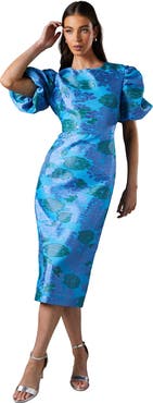 Coast Jacquard Floral Puff Sleeve Midi Dress