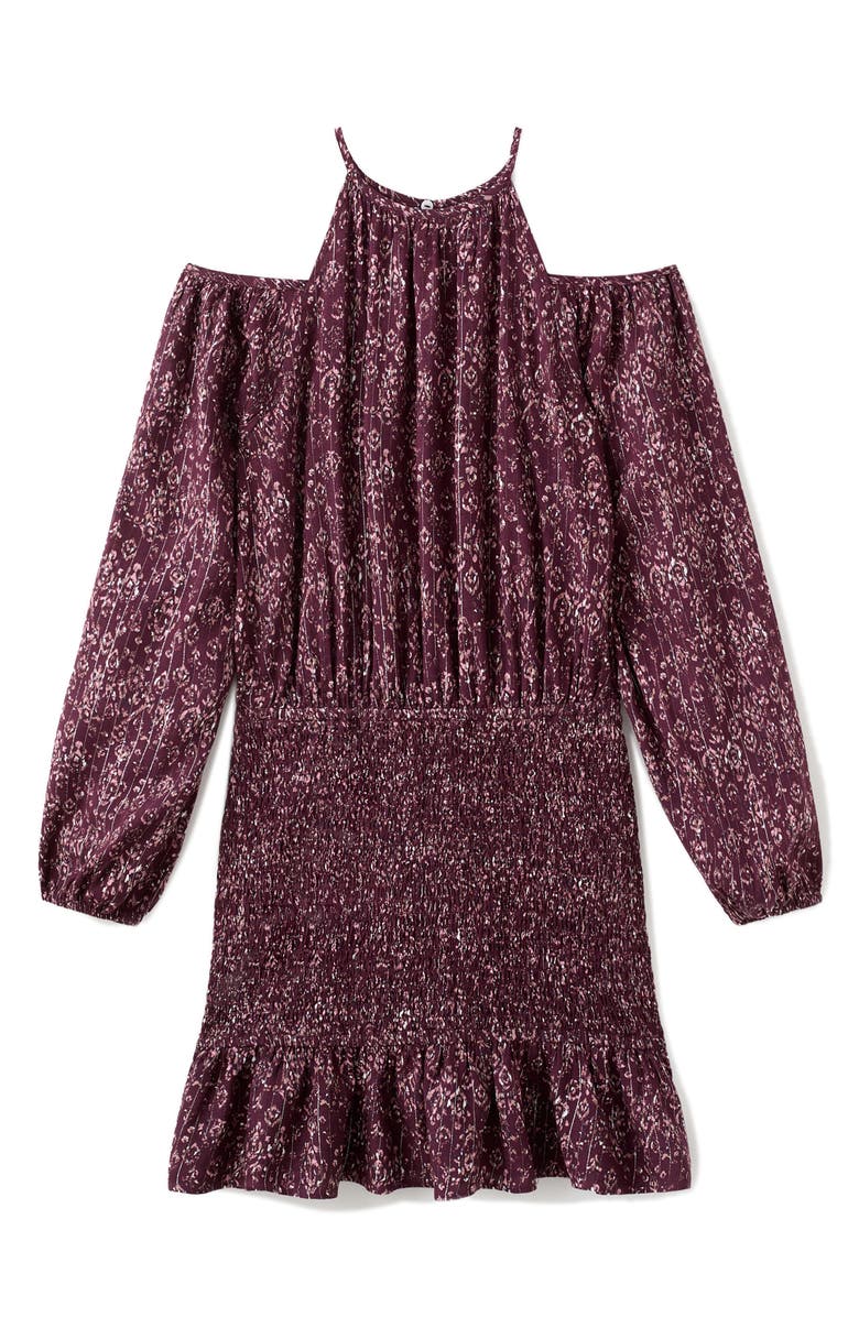 MANGO TEEN Metallic Cold Shoulder Long Sleeve Dress, Alternate, color, Maroon