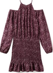 MANGO TEEN Metallic Cold Shoulder Long Sleeve Dress