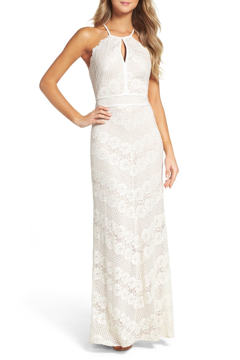 Crisscross Lace Gown, Main, color, IVORY/ NUDE
