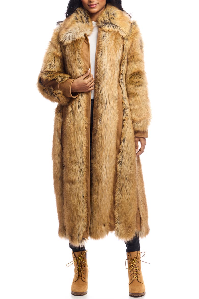 Goldie Faux Fur & Faux Suede Long Coat, Main, color, GOLDEN FOX