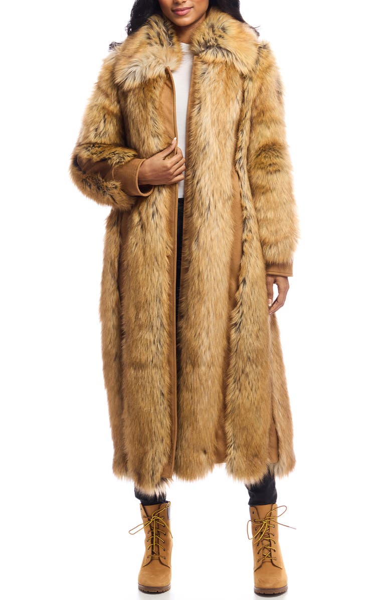 DONNA SALYERS FABULOUS FURS Goldie Faux Fur & Faux Suede Long Coat, Main, color,