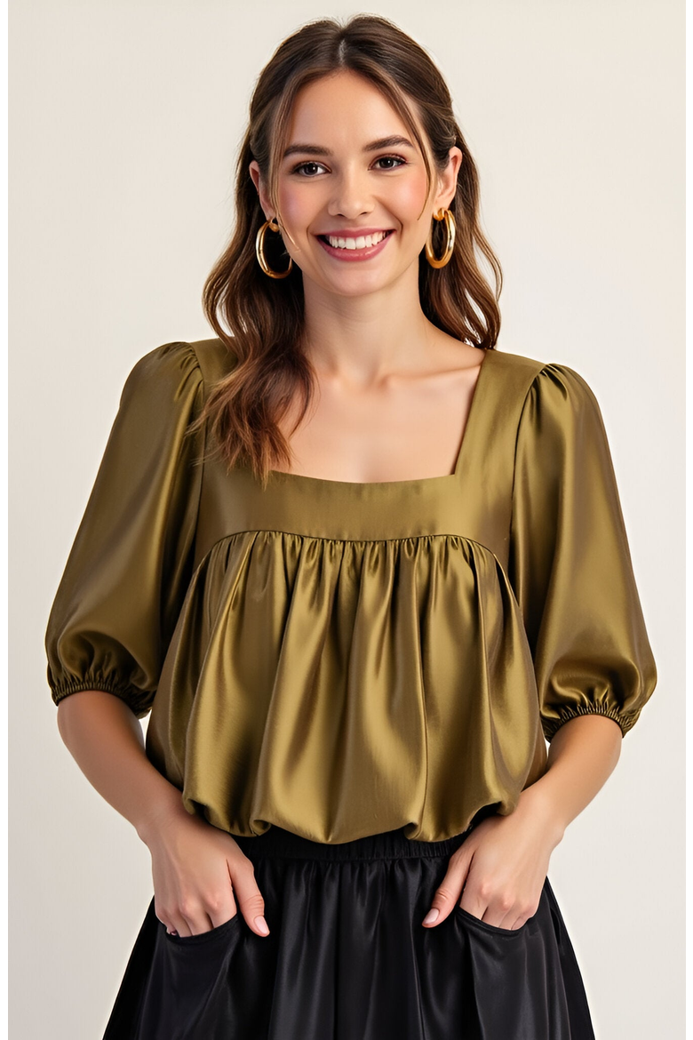 Gathered Bubble Hem Puff Sleeve Square Neck Top, Alternate, color, Olive