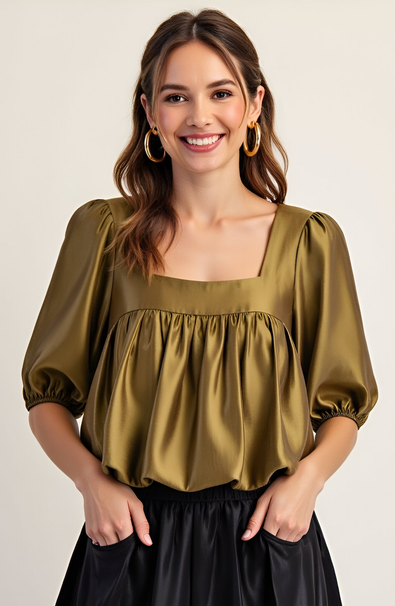 Modenaire Gathered Bubble Hem Puff Sleeve Square Neck Top, Alternate, color, Olive