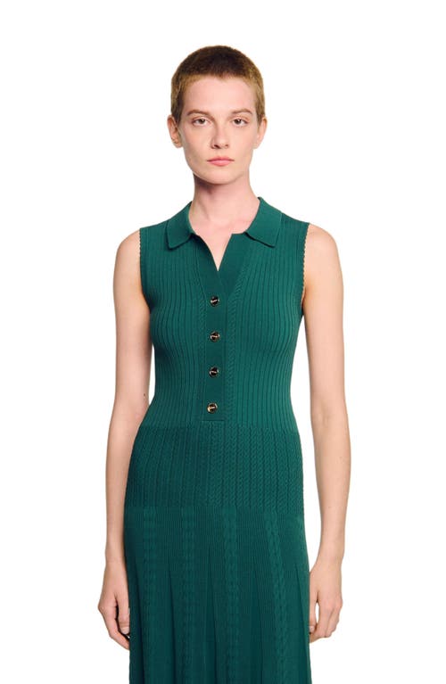 Sandro Womens Polo-collar Button-down Stretch-knit Midi Dress Dark Green In Green