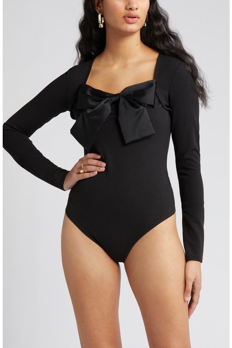 Dolly Tie Neck Bodysuit, Alternate, color, BLACK
