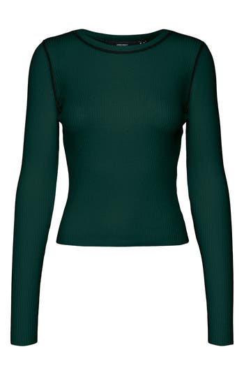 Vero Moda Kara Contrast Piping Long Sleeve Top In Green