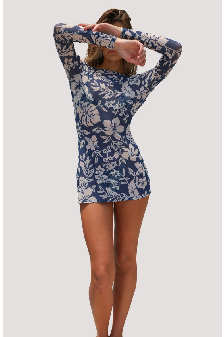 Rua Long Sleeve Mesh Cover-Up Minidress, Alternate, color, HIBISCO