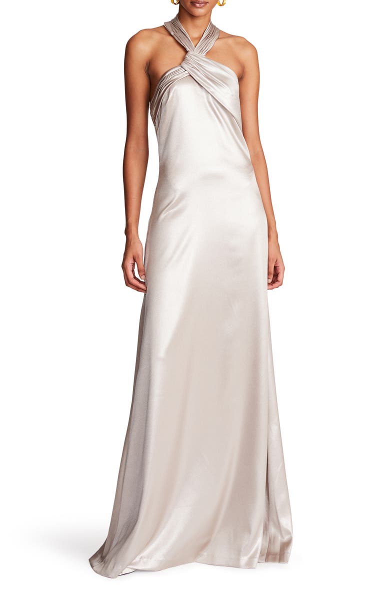 HALSTON Raelynn Halter Neck Metallic Crepe Gown, Main, color,