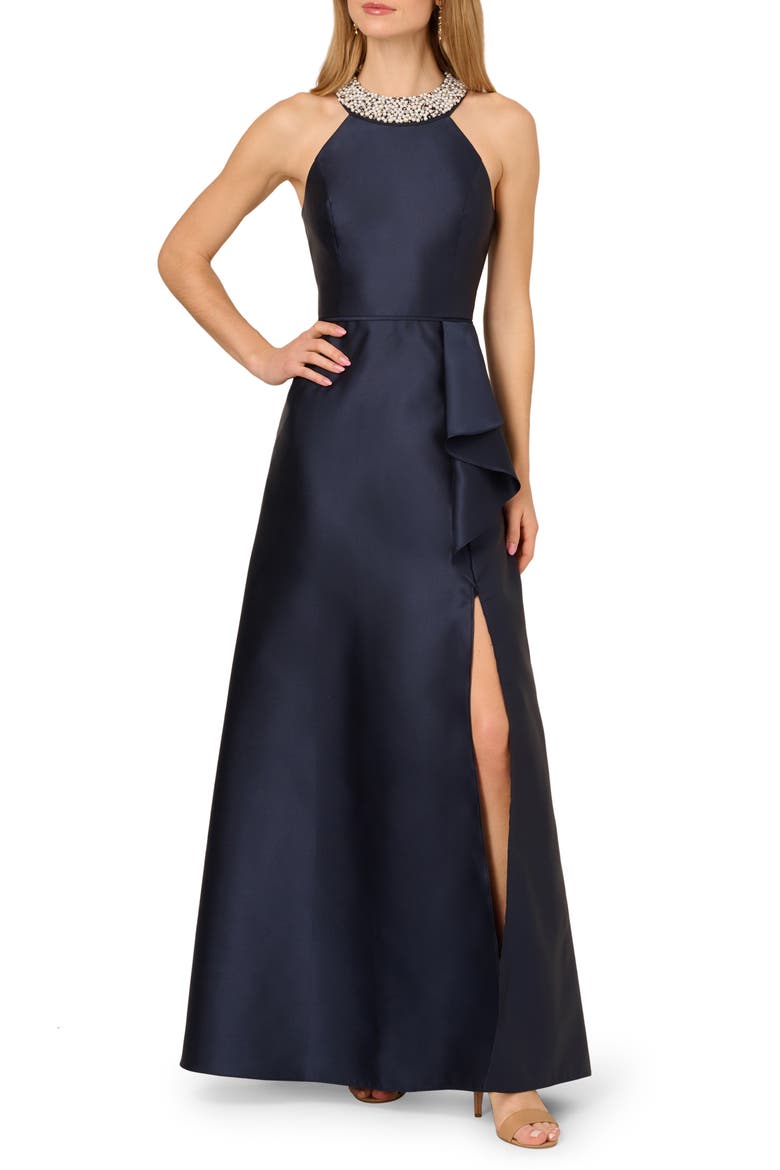 Embellished Neck Mikado Gown, Main, color, MIDNIGHT