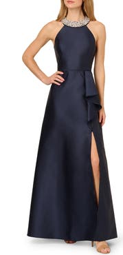 Adrianna Papell Embellished Neck Mikado Gown