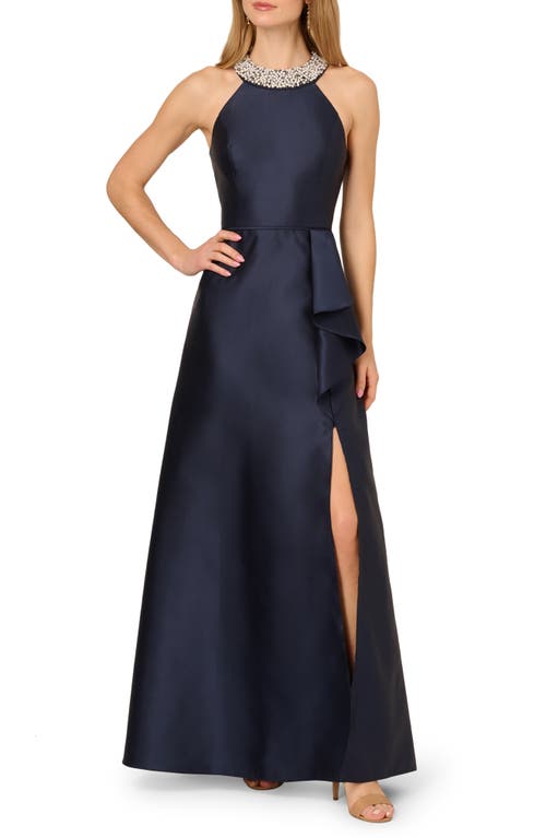 Adrianna Papell Embellished Neck Mikado Gown In Blue