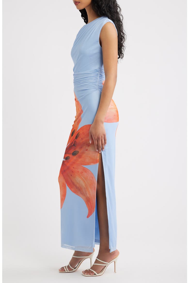 Avah Placed Floral One-Shoulder Mesh Maxi Dress, Alternate, color, BLUE/ ORANGE