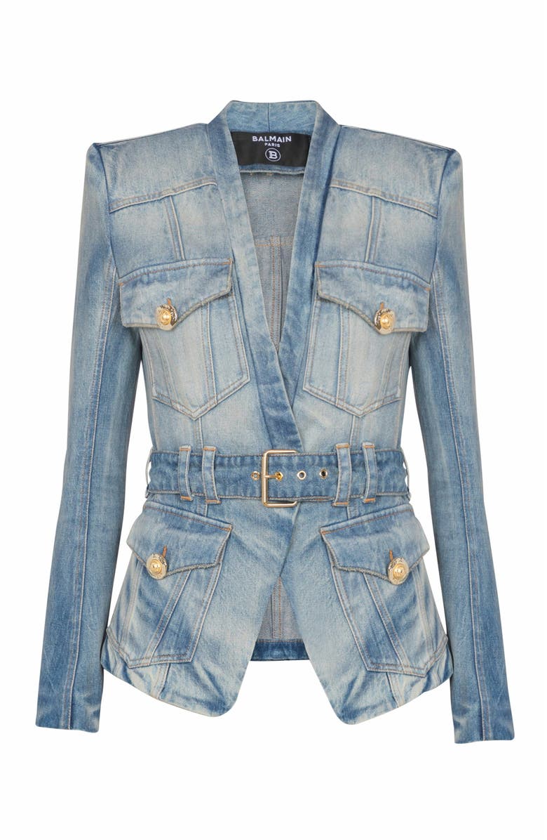 Balmain 1-Button Belted Denim Jacket, Alternate, color, Blue
