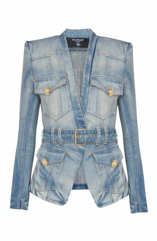 Balmain 1-button Belted Denim Jacket In Blue
