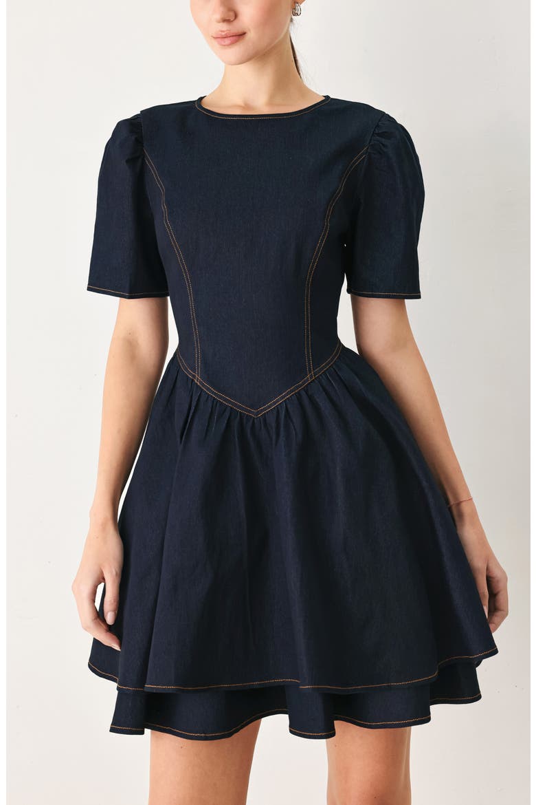 Short Sleeve Denim Fit & Flare Minidress, Alternate, color, DARK DENIM