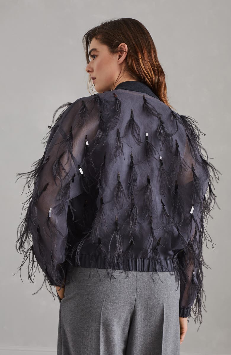 Brunello Cucinelli Crispy silk bomber jacket with dazzling feather embroidery, Alternate, color, 