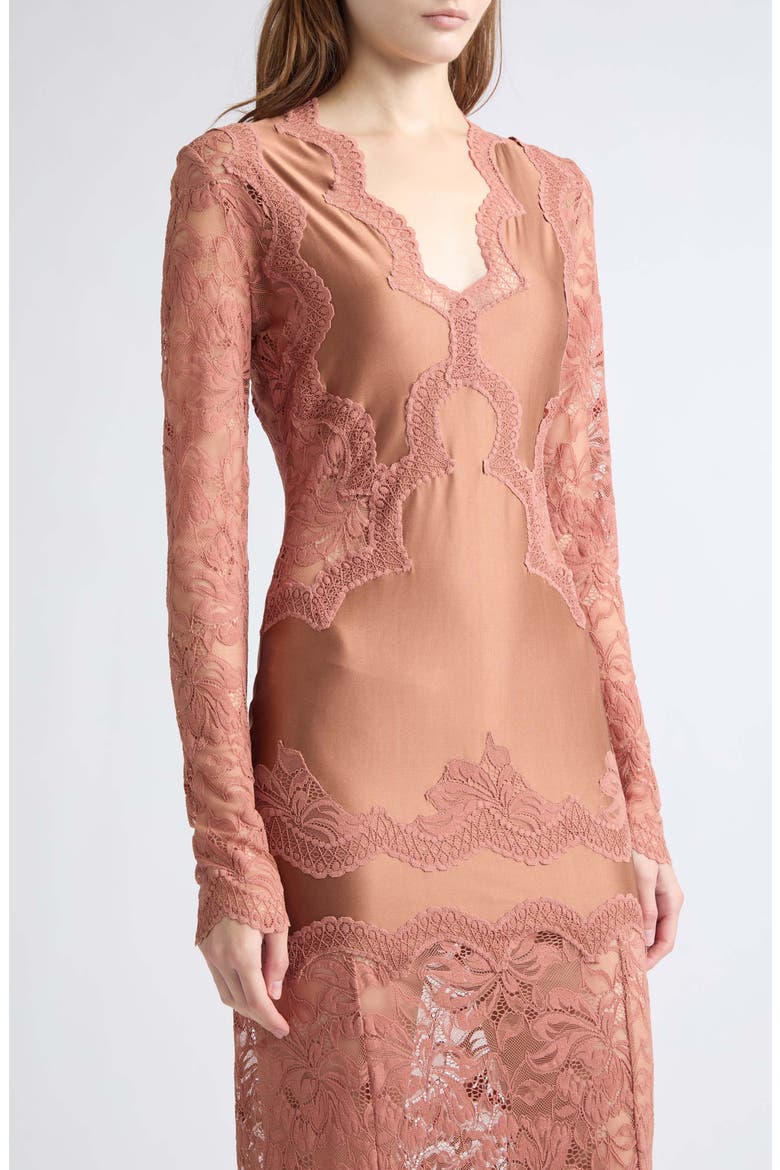 Lace Detail Long Sleeve Satin Maxi Dress, Alternate, color, NEW CARAMEL
