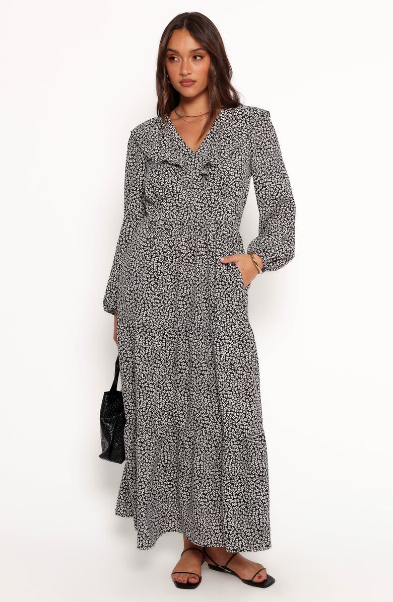 Petal & Pup Isadora Floral Print Ruffle Long Sleeve Maxi Dress, Alternate, color, Black/Ivory