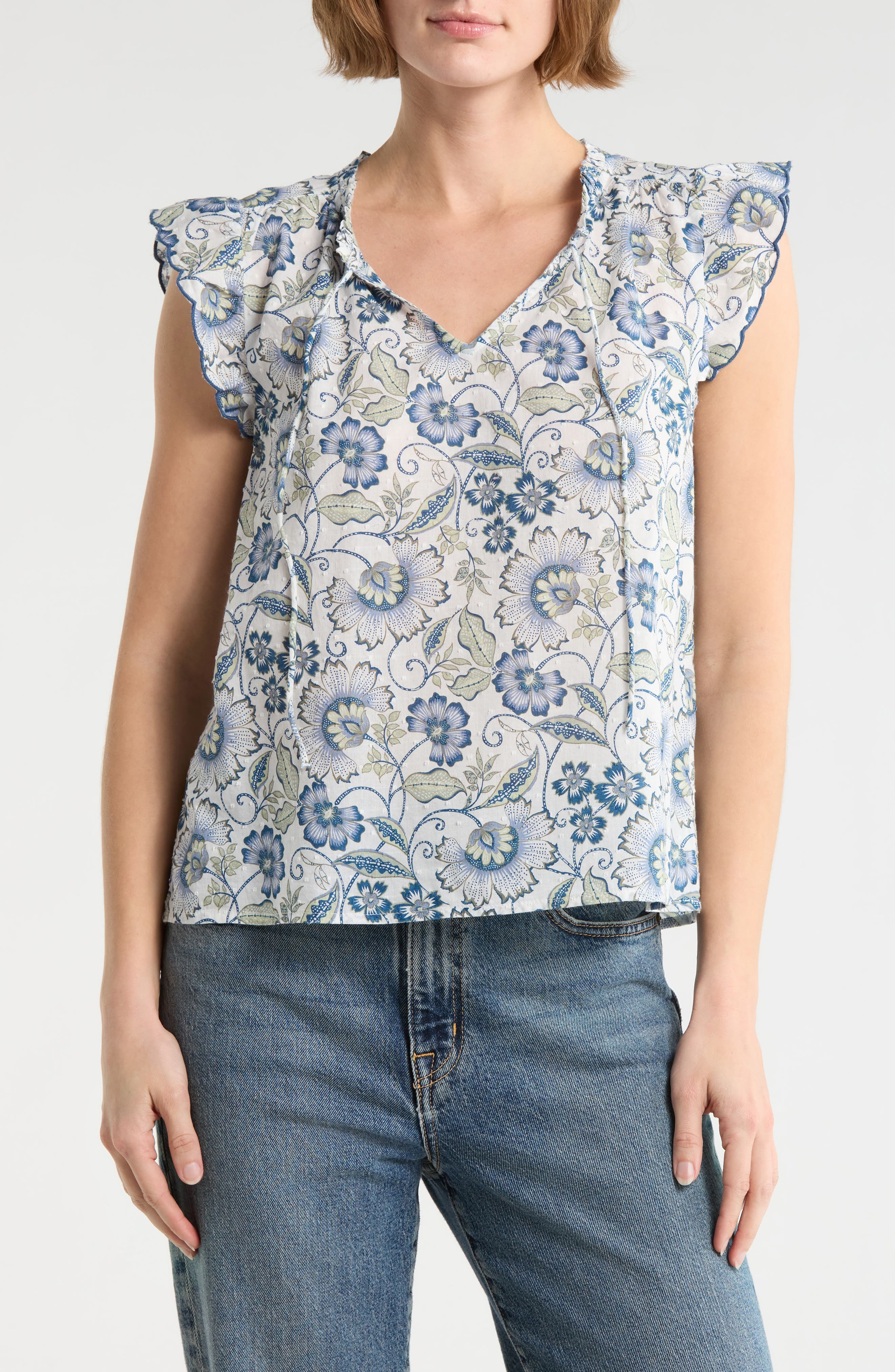 Lucky Brand Floral Cap Sleeve Cotton Top