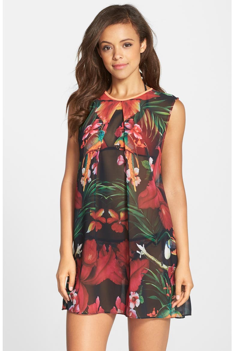 'Tropical Toucan' Cover-Up Tunic, Main, color, BLACK